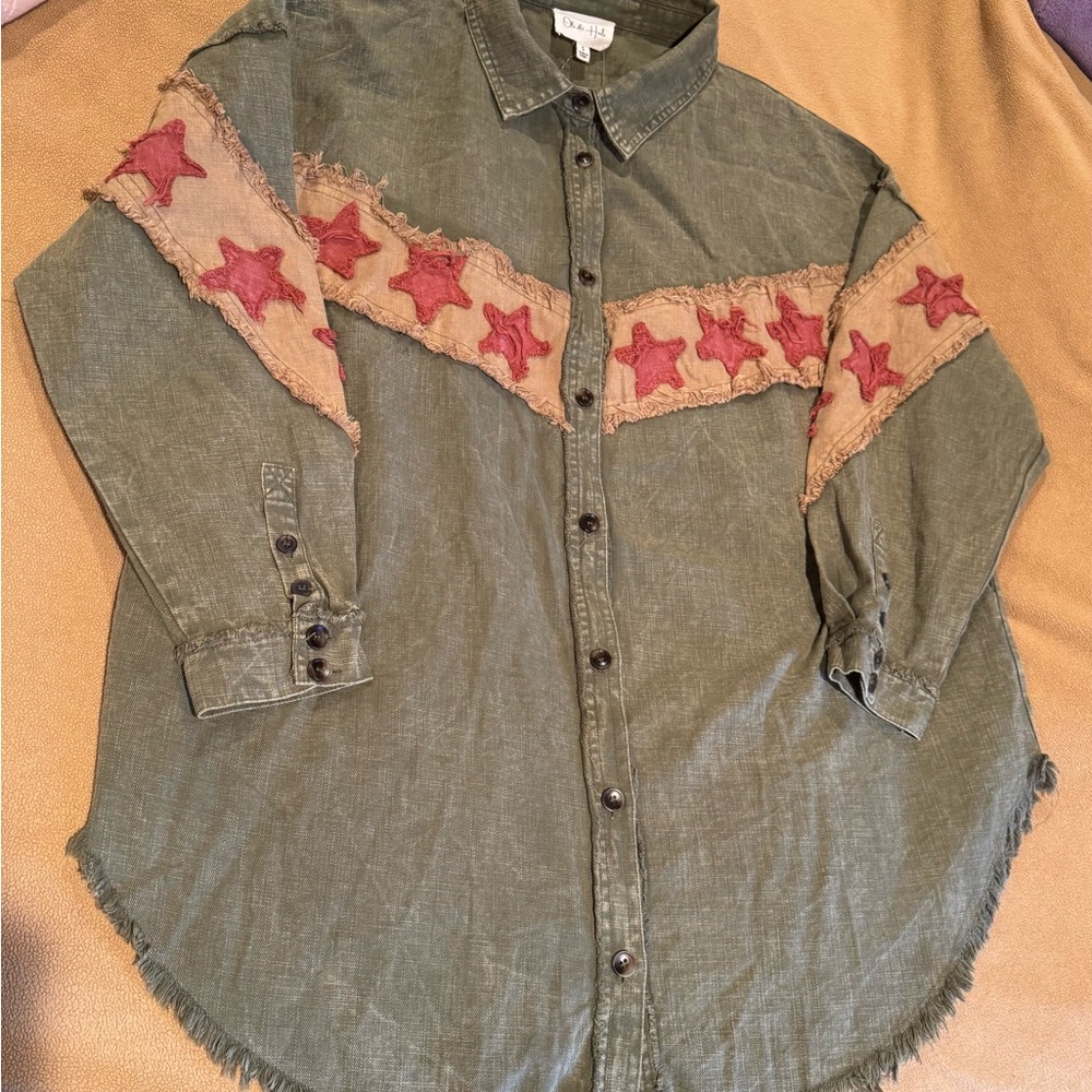 Oli & Hali Olive Green Over-Sized Button Down Shirt/Jacket w/ Texas Star Accents